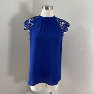 NEW‎ Express Womens Large Royal Blue Lace Cap Sleeve Blouse Shirt Top
